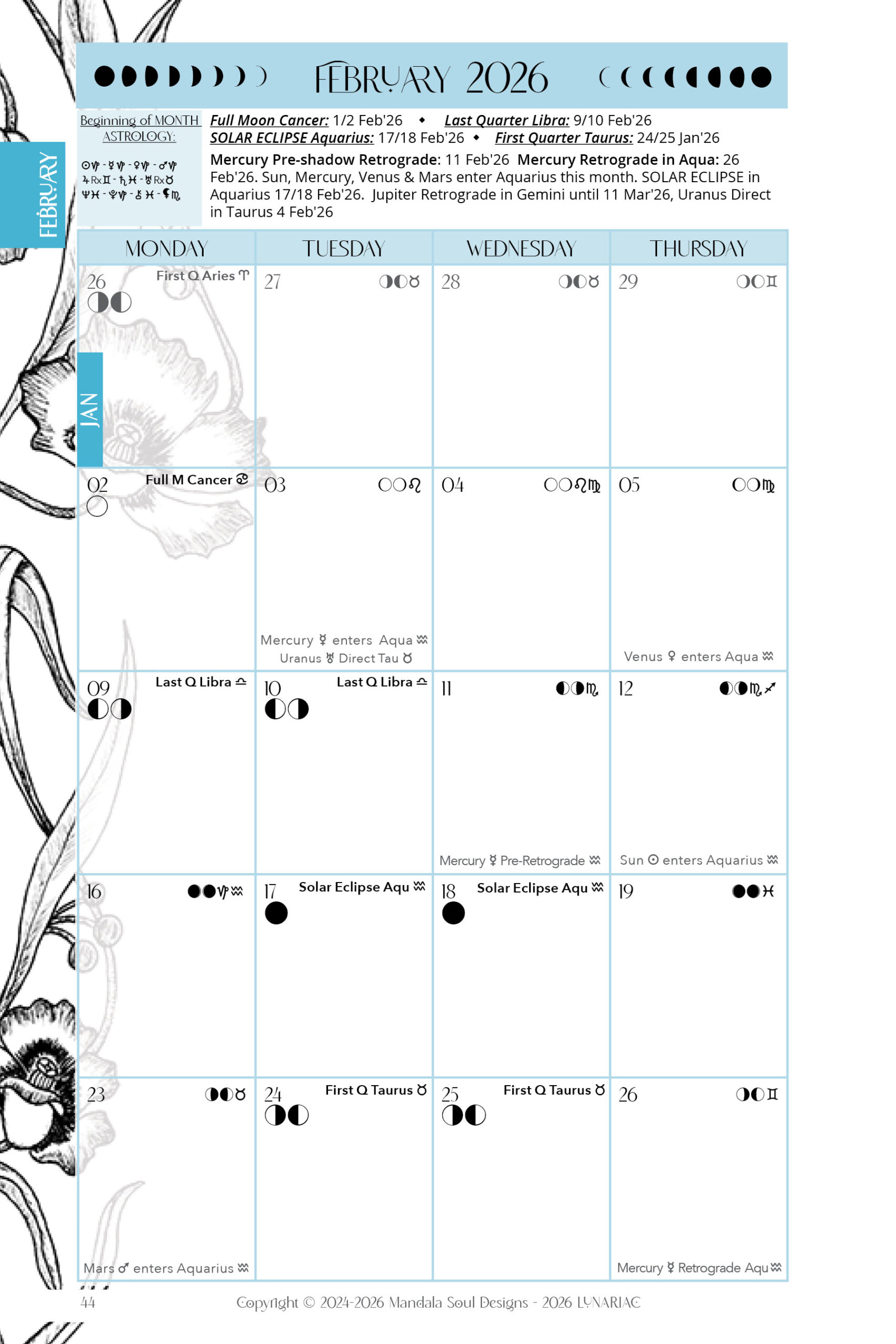 2026 LUNARIAC - Luna Planner and Almanac - Sidereal Astrology, Moon phases, Planning pages, Trackers, Cyclical Living