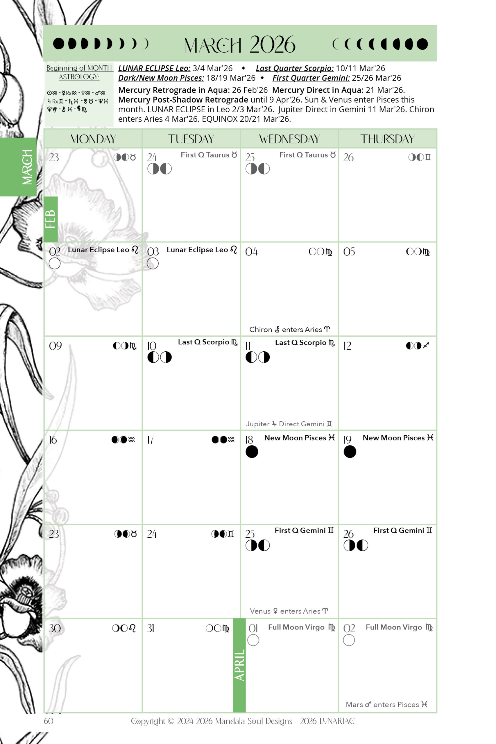 2026 LUNARIAC - Luna Planner and Almanac - Sidereal Astrology, Moon phases, Planning pages, Trackers, Cyclical Living